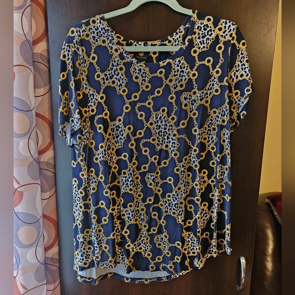 JM Collection Navy and Gold Patterned Top - Picture 1 of 3
